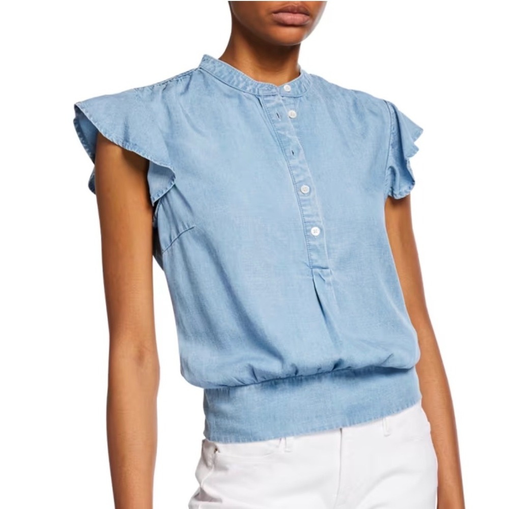 Frame Smocked Flounce Popover Flutter Sleeve Blouse sz L Chambray